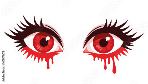 Exaggerated red eyes with swollen outlines on white background, symbolism of emotion