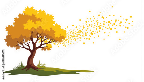 Golden tree releasing pollen into the air, springtime beauty