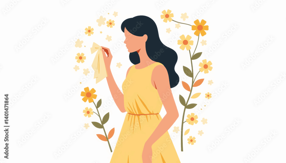 Woman holding handkerchief amidst floral background, emotional expression