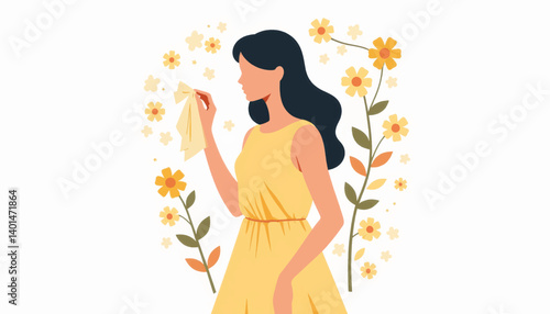 Obraz na płótnie Woman holding handkerchief amidst floral background, emotional expression w salonie