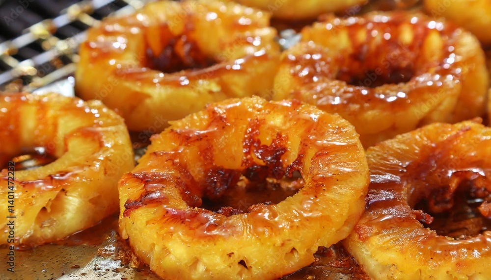Grilled pineapple rings with a caramelized finish, adding a sweet and savory twist Grilled pineapple rings with a caramelized finish, adding a sweet and savory twist
