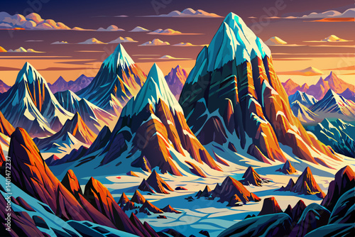 Alpine Mountain peak view snowy landscape with clear sky. vector illustration background, snow alp overlook bathed