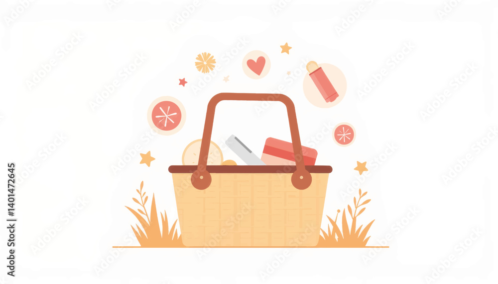 Obraz premium Geometric picnic basket illustration with allergy relief items, minimalism