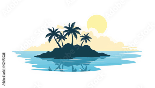 Tropical island oasis with palm trees under bright sunlight, serenity
