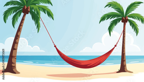 Relaxing hammock between palm trees on tranquil beach, vacation bliss