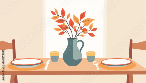 Family dinner table setting with geometric decor, warm gathering