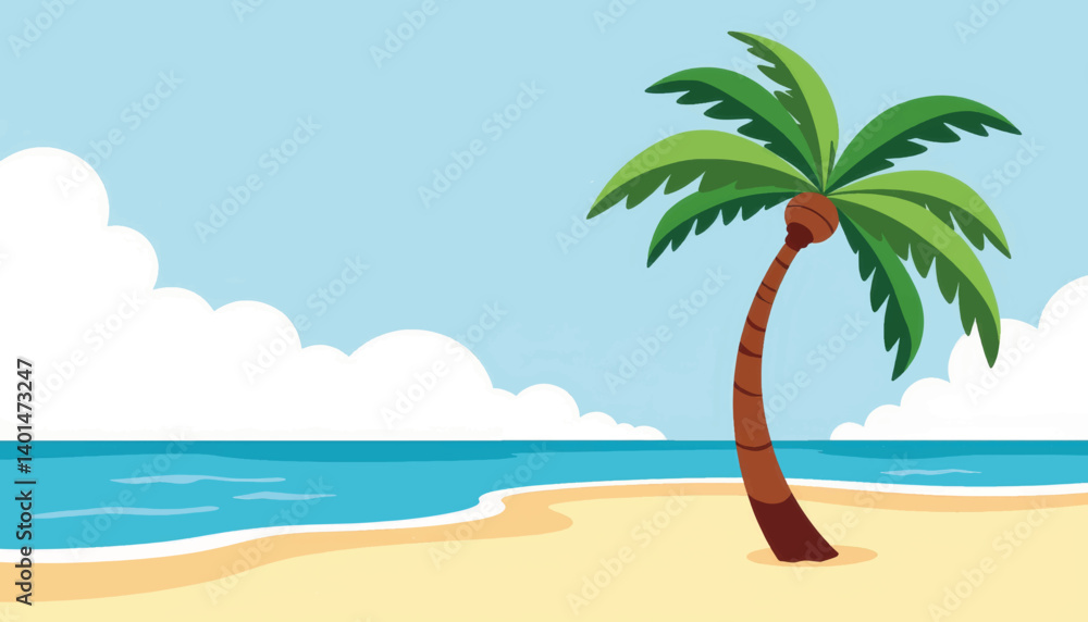 Obraz premium Tropical island paradise with palm tree and blue ocean, serene escape