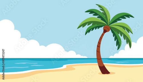 Tropical island paradise with palm tree and blue ocean, serene escape