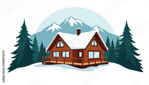 Cozy mountain resort cabin surrounded by pine trees, winter escape