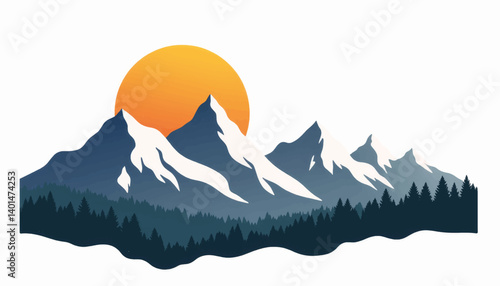 Mountain landscape with geometric sun and forest, serene illustration