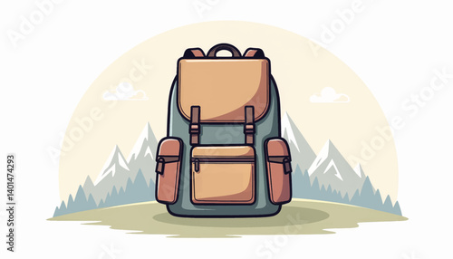 Stylish backpack illustration with mountains in background, travel concept