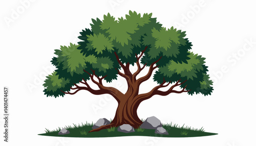 Majestic oak tree with broad canopy in minimalistic design, nature's beauty