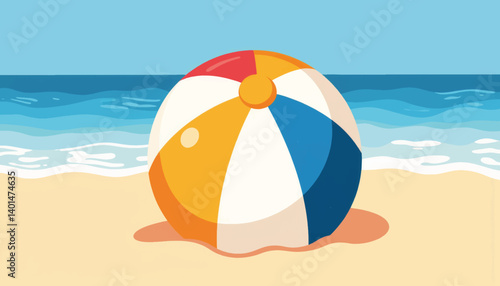 Colorful beach ball on sandy beach with ocean waves, summer fun