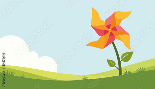 Vibrant pinwheel spinning in grassy field, joyful simplicity