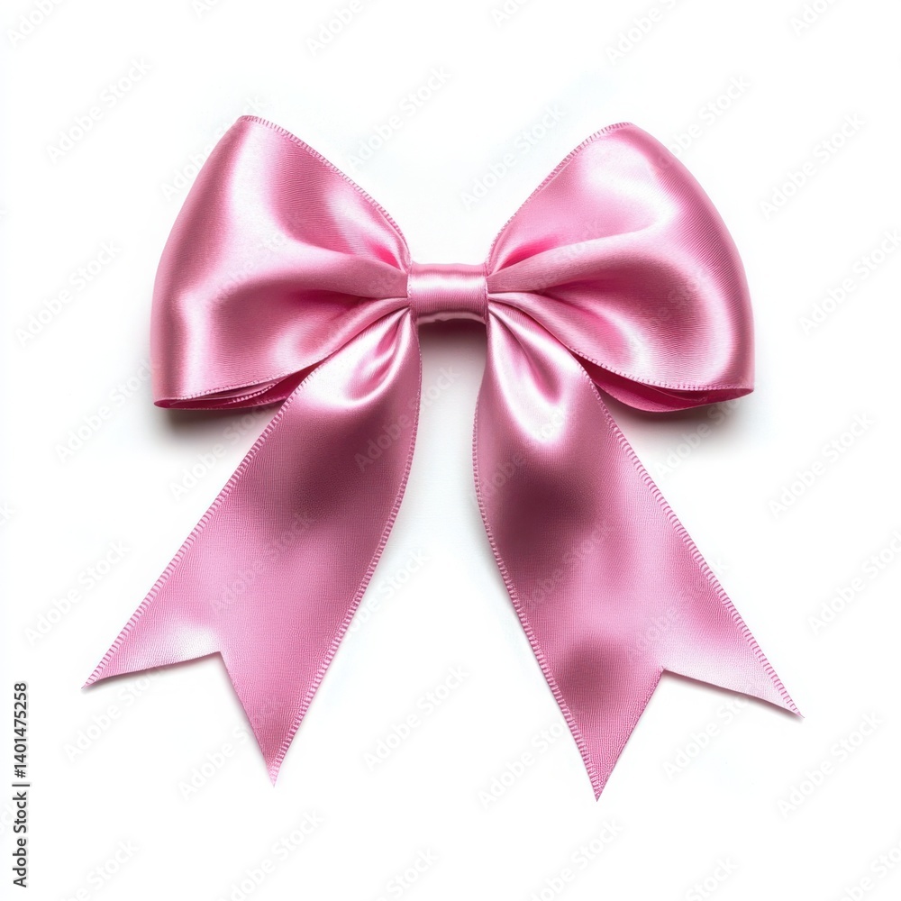 Close up of a shiny light pink satin ribbon bow on a plain white surface Close up of a shiny light pink satin ribbon bow on a plain white surface