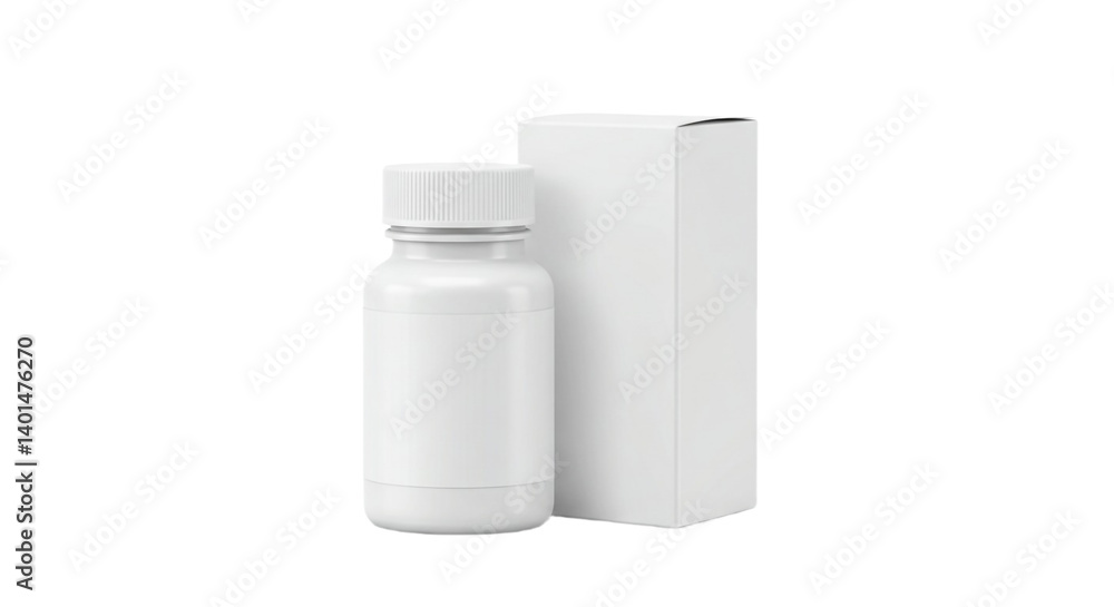A pristine white pill bottle and box, ready for your brand's unique label and message, symbolizing health, wellness, and potential against a clean white background. A pristine white pill bottle and box, ready for your brand's unique label and message, symbolizing health, wellness, and potential against a clean white background.