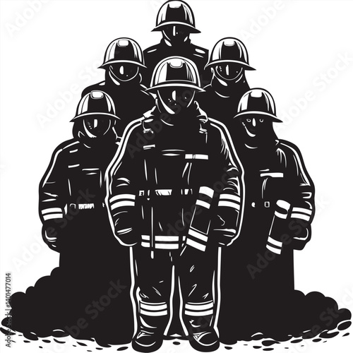 Firefighter silhouette kneeling with an axe, smoke swirling behind Vector