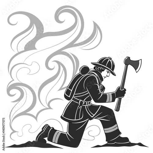 Firefighter silhouette kneeling with an axe, smoke swirling behind Vector
