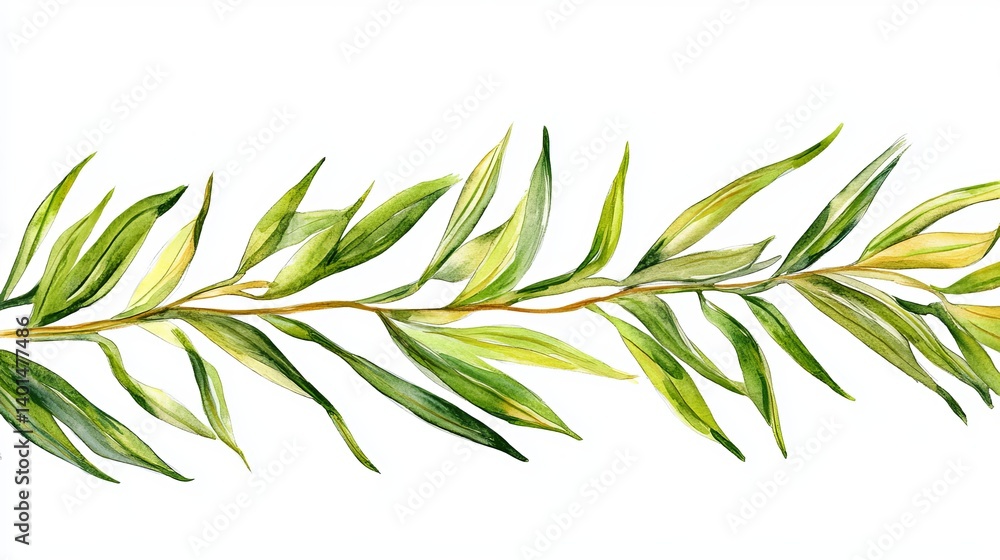 Fototapeta premium Watercolor painting of a branch with long green leaves on a white background illustration art 100