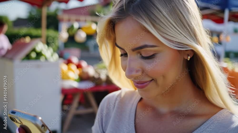 Mujer cabello rubio camina en un mercado de frutas y verduras mientras observa su smartphone después de haber realizado compras