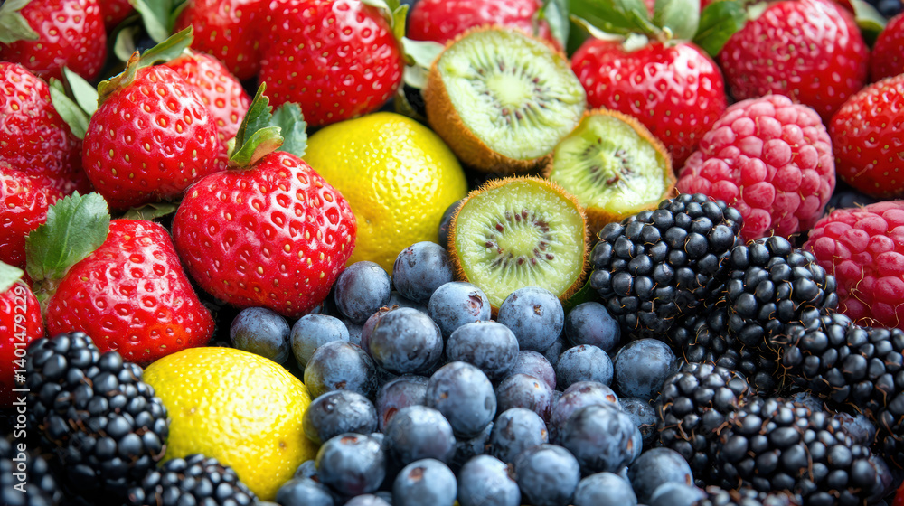 A vibrant collection of fresh strawberries raspberries blueberries blackberries and kiwi slices with lemon wedges creates a colorful and healthy fruit background perfect for food A vibrant collection of fresh strawberries raspberries blueberries blackberries and kiwi slices with lemon wedges creates a colorful and healthy fruit background perfect for food