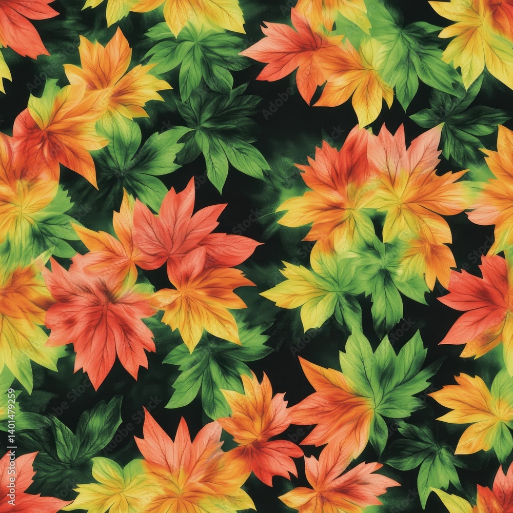 Obraz premium Vibrant Autumn Maple Leaves Seamless Pattern, Colorful Foliage Illustration on Dark Background