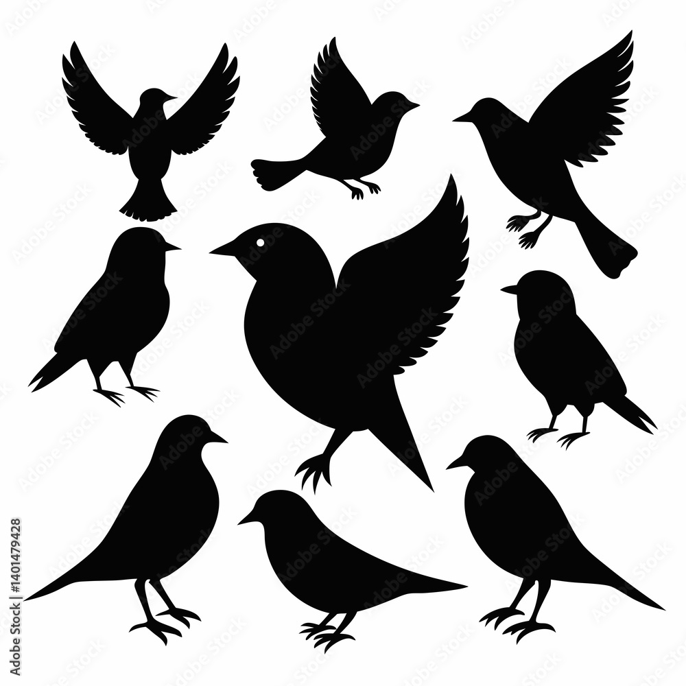 Obraz premium A cute cartoon vector illustration shows a black silhouette of a bird, perhaps a crow or sparrow, with a feather wing, a beak, on a nature branch, part of a loving animal couple pattern design
