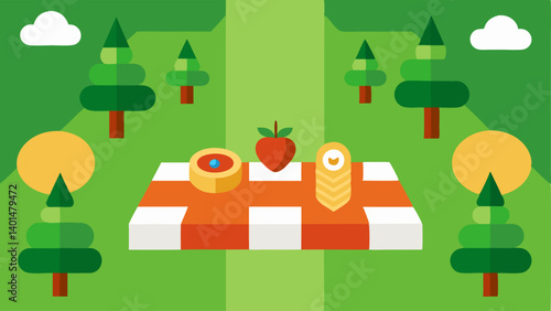 Symmetrical Blanket Arrangement A vibrant picnic blanket is laid out in a classic checkered pattern perfectly centered on a green field. All food items including sandwiches fruit