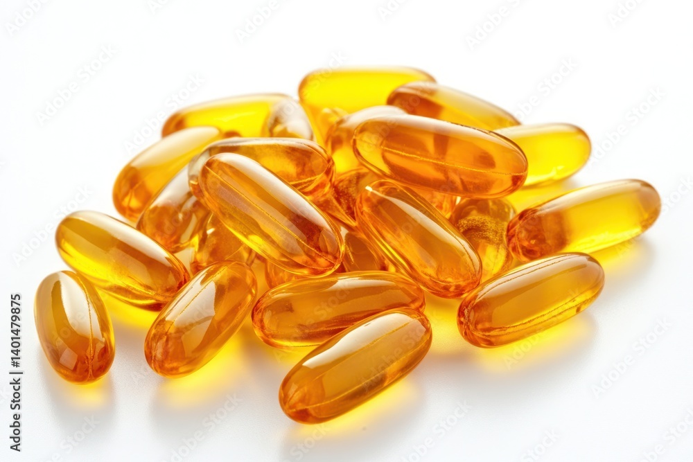 A pile of fish oil gel capsules, gleaming golden yellow, isolated on a pristine white background.