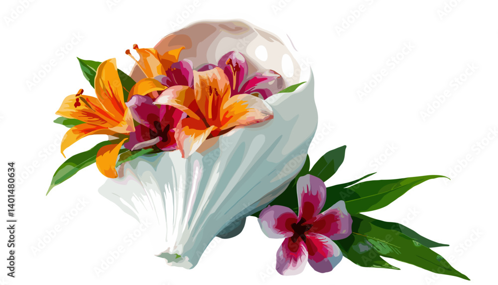 Fototapeta premium Elegant Floral Bouquet: A vibrant composition of lilies and other assorted flowers elegantly arranged, showcasing a splash of colors. This floral artwork adds a touch of elegance.