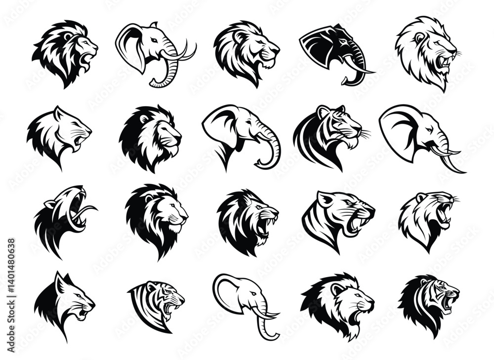 Fototapeta premium Wild Animal Mascot Icon Set Vector Silhouette Collection of Animal Head Logos for Branding and Sports Teams.