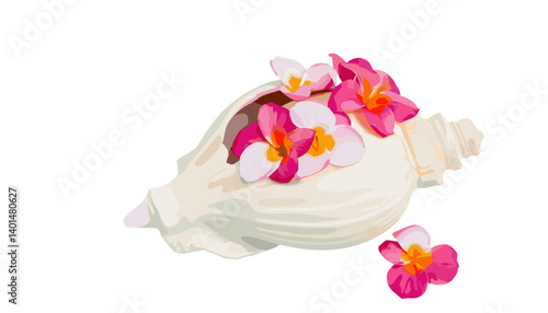Shell and Flora: Exquisite conch shell delicately adorned with vibrant frangipani flowers, a harmonious blend of nature's artistry and coastal beauty.