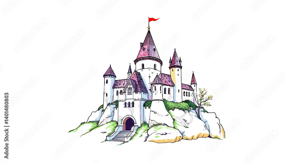 Obraz premium Castle on the Hill: A majestic illustration of a fairytale castle, perched atop a rocky hill, flying a triumphant red flag and invoking a sense of wonder, history and fantasy.