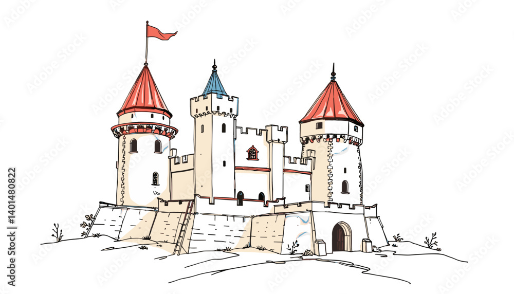 Ancient Fortress: A captivating illustration of a majestic medieval castle, perched atop a hill and set against a clean backdrop, conjuring a sense of history and grandeur. Ancient Fortress: A captivating illustration of a majestic medieval castle, perched atop a hill and set against a clean backdrop, conjuring a sense of history and grandeur.