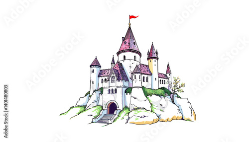 Castle on the Hill: A majestic illustration of a fairytale castle, perched atop a rocky hill, flying a triumphant red flag and invoking a sense of wonder, history and fantasy.