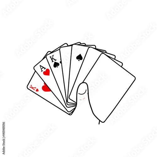 Aces high in hand: An artistically drawn hand fans out a winning poker hand, showcasing a strong ace combination, including the ace of hearts.