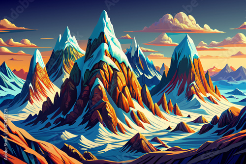 Alpine Mountains peak view snowy landscape with clear sky. vector illustration background, snow high alp mountain overlook bathed