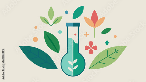 Botanical Ingredients with Exosomes A design integrating natural botanical elements like leaves and flowers surrounding a vial of exosomes symbolizing the blend of nature and
