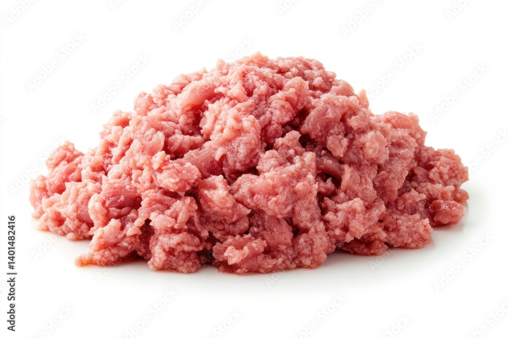 A pile of minced meat for cooking, placed on a white background, capturing the fresh texture and rich color. A pile of minced meat for cooking, placed on a white background, capturing the fresh texture and rich color.