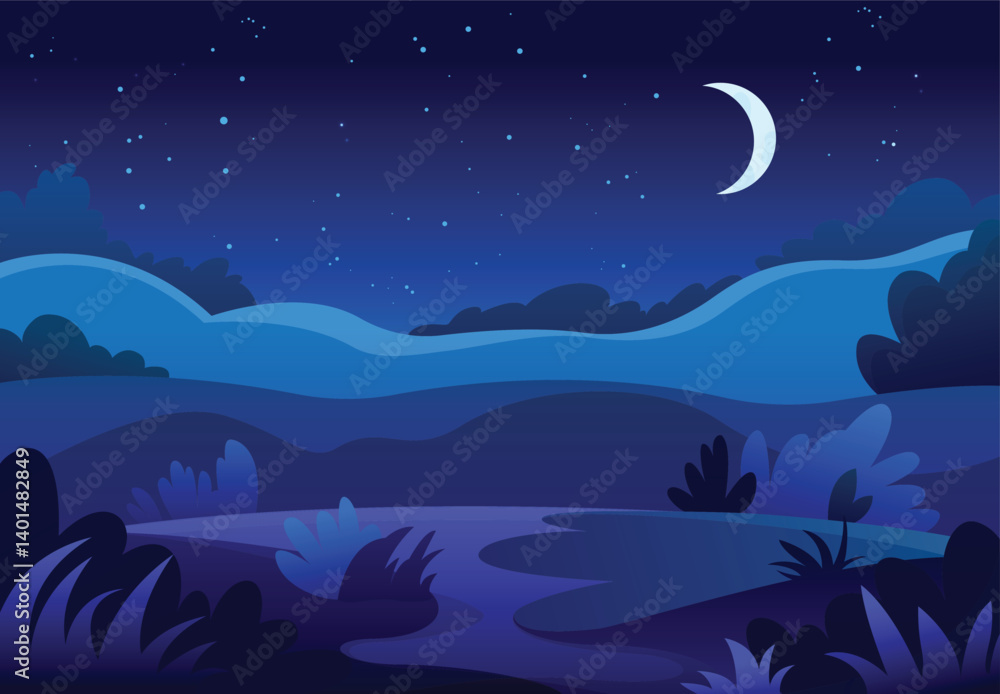 Fototapeta premium Vector hand drawn night landscape. Horizontal illustration for design and cover design with space for text. Moon, stars, path, fields and bushes. Clear cloudless night.