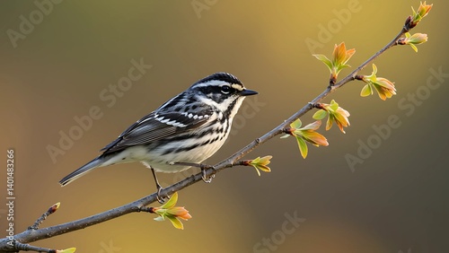 A stunning close-up of a Blackpoll Warbler perched gracefully on a tree branch