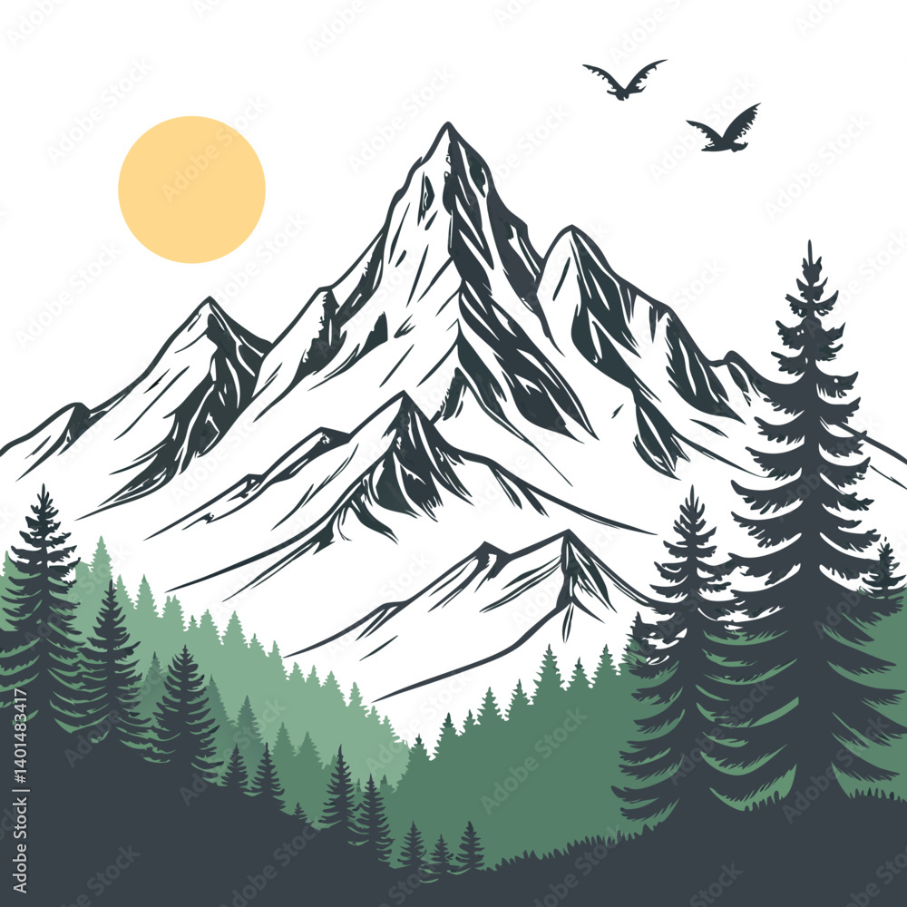 Fototapeta premium Mountain Landscape Vector with Pine Trees Sun and Flying Birds