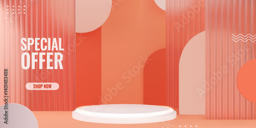 3D podium scene with reeded translucent glass. Elegant white product platform on orange background with geometric shapes. Abstract vector back in orange hues for promotion and sales