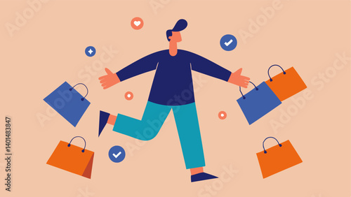 Hurdling Obstacles A dynamic illustration of a person attempting to navigate through a crowded marketplace while juggling several large shopping bags. They have wide eyes and their