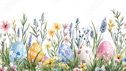 Watercolor easter eggs nestled among wildflowers and tall grass in a spring meadow scene