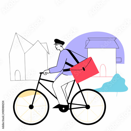 Postman riding a vintage bicycle with a letterbag slung over his shoulder, old town background, soft pastel color palette