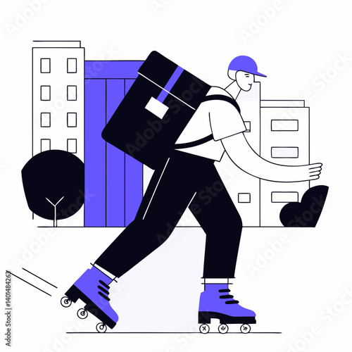 Courier on rollerblades delivering packages through a crowded urban street, speed lines, energetic pose, vibrant colors.