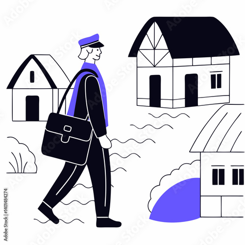 Traditional village postman wearing cap and carrying leather mailbag, historical setting, hand-drawn vector style