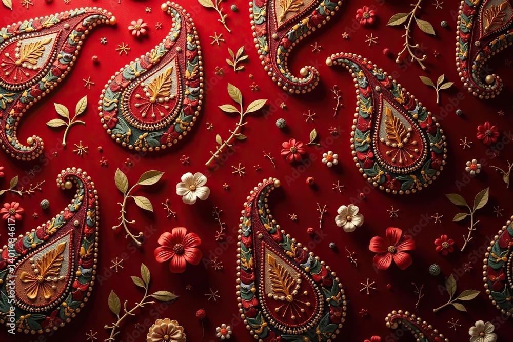 Deep red paisley with muted olive accents, high detail , bold, art Deep red paisley with muted olive accents, high detail , bold, art