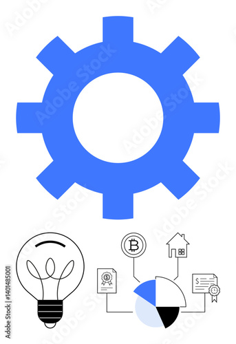 Blue gear highlights innovation and mechanics with icons thumbs up light bulb, bitcoin, pie chart, mortgage, and document. Ideal for fintech, innovation, investment, mechanics data analytics